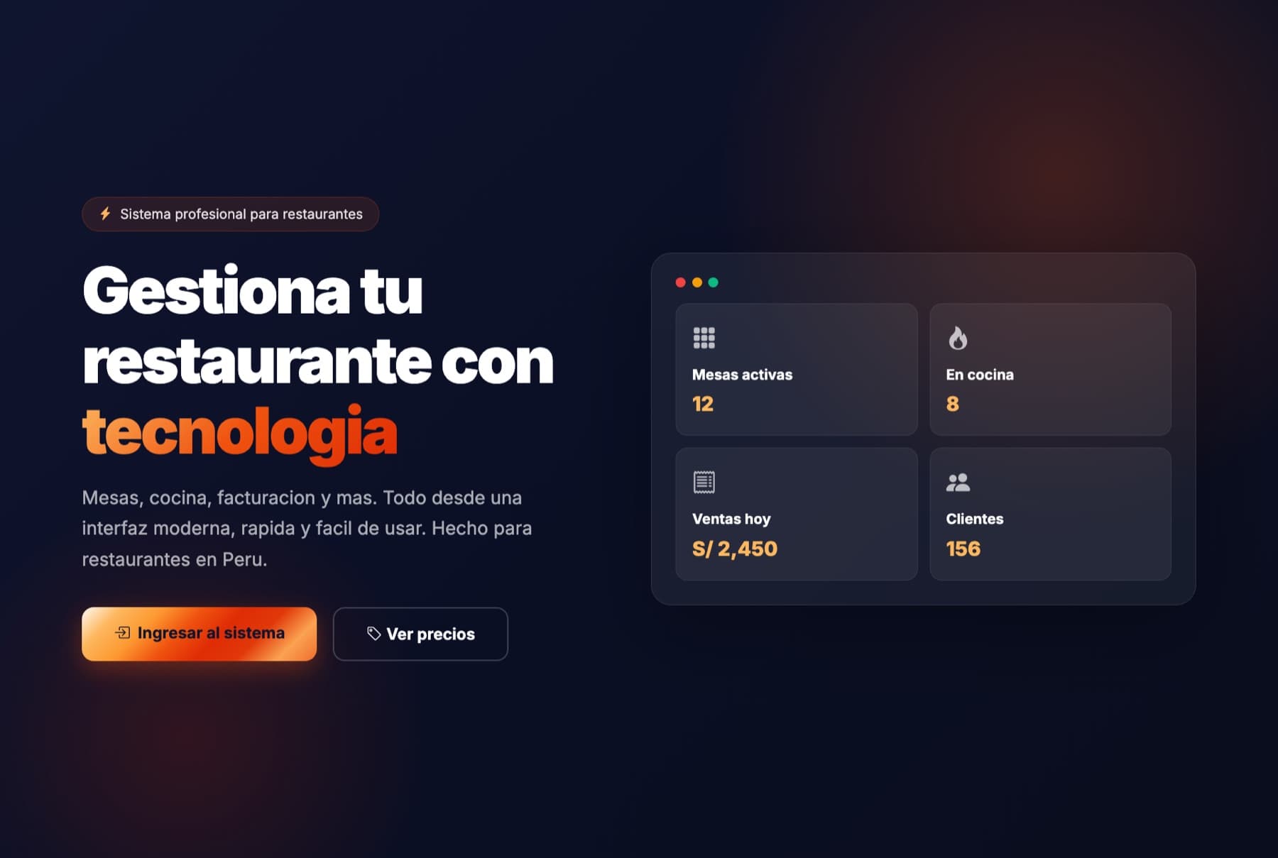 Panel de Mirestconia: mesas activas, cocina, ventas del día y clientes